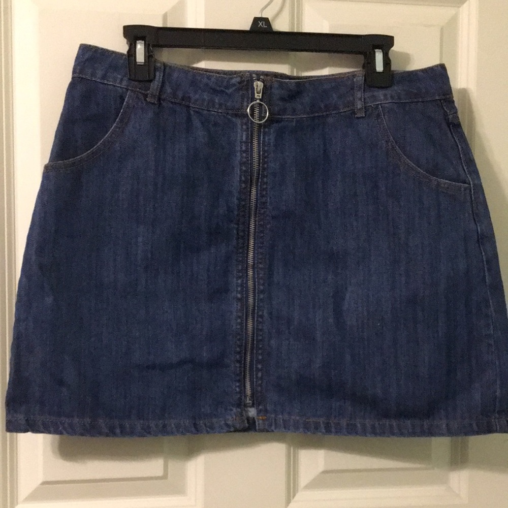 F21 Denim Jean A line Mini Skirt Zip Front O Ring XL 12